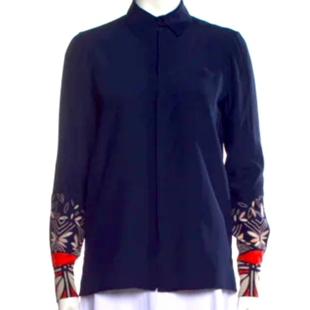 Tory Burch silk navy printed top floral boho classic formal fall designer $300